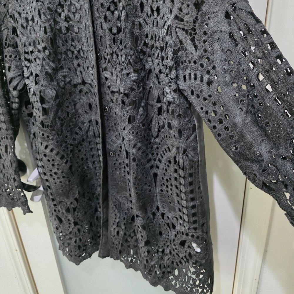 Picadilly Black Embroidered Jacket – Women’s XXL Open Front Lace Overlay - Picture 8 of 12